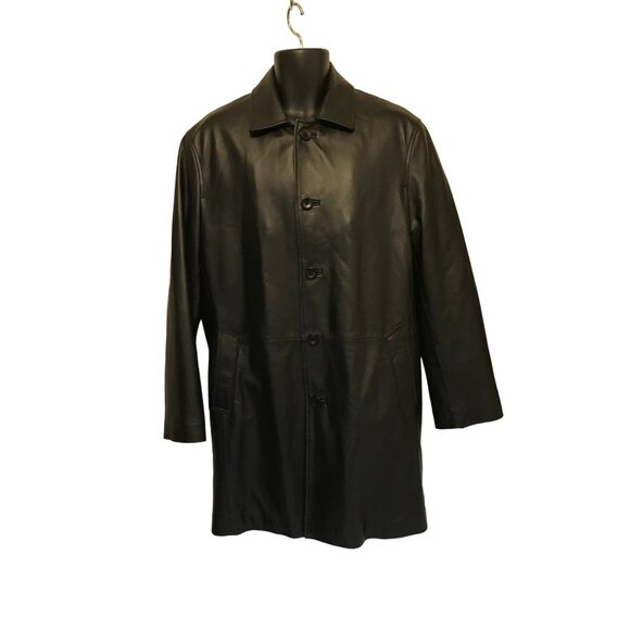 BGSD  Men's Black Leather 5 Button 4 Pocket Mid Length Coat - Picture 1 of 10